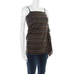 Chloe Noir Striped Silk Asymmetric Draped Detail Lurex Strap Top S