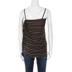Chloe Noir Striped Silk Asymmetric Draped Detail Lurex Strap Top S