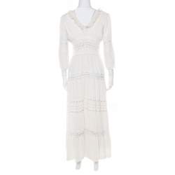 Pre Owned Chloe Cream Linen Pintucked Lace Paneled Maxi Dress S
