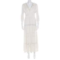 Chloe Cream Linen Pintucked Lace Paneled Maxi Dress S