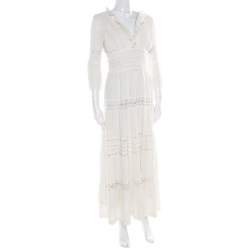 Chloe Cream Linen Pintucked Lace Paneled Maxi Dress S