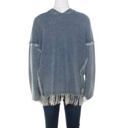 Pre Owned Chloe Indigo Washed Effect Knit Fringed Trim V-Neck Top S