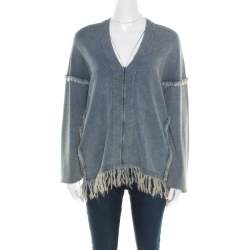 Chloe Indigo Washed Effect Knit Fringed Trim V-Neck Top S