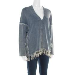 Pre Owned Chloe Indigo Washed Effect Knit Fringed Trim V-Neck Top S