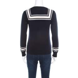 Pre Owned Chloe Navy Blue Wool Contrast Striped Trim Detail Sweater XS 