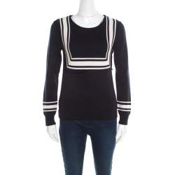 Pre Owned Chloe Navy Blue Wool Contrast Striped Trim Detail Sweater XS 