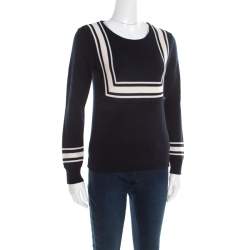 Pre Owned Chloe Navy Blue Wool Contrast Striped Trim Detail Sweater XS 