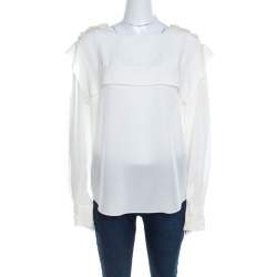 Chloe Cream Silk Shoulder Button Detail Long Sleeve Blouse L 