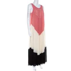 مملوكة مسبقًا Chloe Coral Cream and Black Color Block Silk Chiffon Ruffled Maxi Dress M