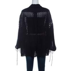 Pre Owned Chloe Navy Blue Silk Chiffon and Guipure Lace Blouse M 