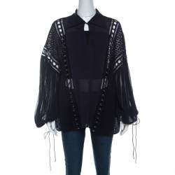 Pre Owned Chloe Navy Blue Silk Chiffon and Guipure Lace Blouse M 