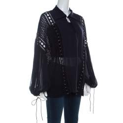 Pre Owned Chloe Navy Blue Silk Chiffon and Guipure Lace Blouse M 