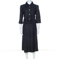 Pre Owned فستان كلوي  أكمام منفوشة دنيم نمط داكن قطن أزرق L