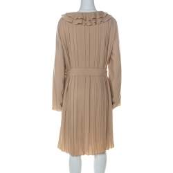 Pre Owned Chloe Beige Silk Blend Belted Front Ruffle Full Sleeve Pleated Long Dress L