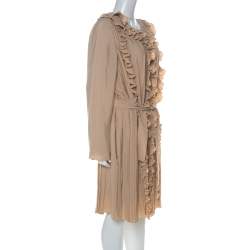 Pre Owned Chloe Beige Silk Blend Belted Front Ruffle Full Sleeve Pleated Long Dress L