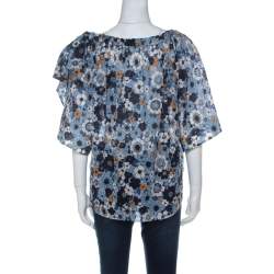 Pre Owned Chloe Blue Floral Print Cotton Gauze Bow Embellished Top S
