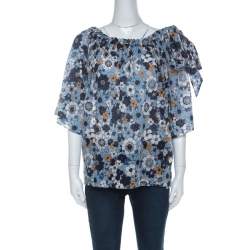 Pre Owned Chloe Blue Floral Print Cotton Gauze Bow Embellished Top S