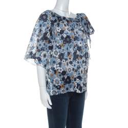 Pre Owned Chloe Blue Floral Print Cotton Gauze Bow Embellished Top S
