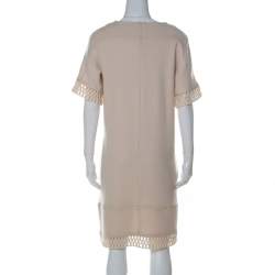 Pre Owned Chloe Beige Knit Embroidered Trim Detail Short Sleeve Shift Dress M