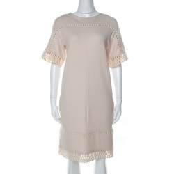 Pre Owned Chloe Beige Knit Embroidered Trim Detail Short Sleeve Shift Dress M