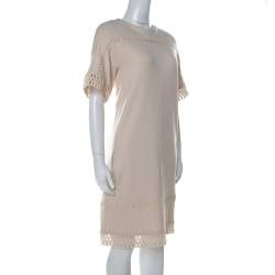 Pre Owned Chloe Beige Knit Embroidered Trim Detail Short Sleeve Shift Dress M