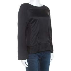 Chloe Black Satin And Chiffon Back Tie Detail Long Sleeve Top L