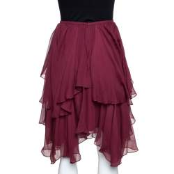 Pre Owned Chloé Burgundy Georgette Silk Asymmetric Layered Mini Skirt M
