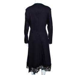 Pre Owned Chloé Navy Blue Stretch Wool Lace Trim Flared Midi Dress M