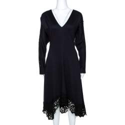 Pre Owned Chloé Navy Blue Stretch Wool Lace Trim Flared Midi Dress M