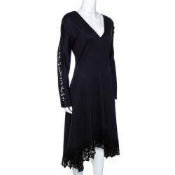 Pre Owned Chloé Navy Blue Stretch Wool Lace Trim Flared Midi Dress M