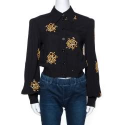 Pre Owned Chloé Black Floral Embroidered Crepe Cropped Blouse M