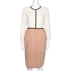 Pre Owned Chloe Cream & Brown Crepe Long Sleeve Sheath Dress M