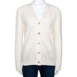 Chloe Naturel Wool Knit Lace Paneled Button Front Cardigan M