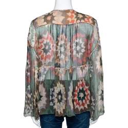 Pre Owned Chloe Green Rosace Patchwork Print Silk Sheer Blouse S