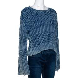 Pre Owned Chloe Blue Medium Washed & Smocked Cable Knit Sweater XS