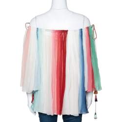 Chloe Multicolor Striped Silk Crepon Off Shoulder Blouse M