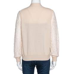 Pre Owned Chloé Peach Cashmere Wool Guipure Lace Detail Open Cardigan M