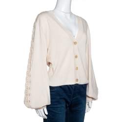 Chloé Pristine Cream Wool Lace Detail Button Front Cardigan L