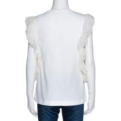 Pre Owned Chloe White Cotton Ruffled Silk Trim Sleeveless Top L