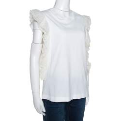 Pre Owned Chloe White Cotton Ruffled Silk Trim Sleeveless Top L