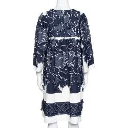 Pre Owned Chloe Navy & White Fringed Jacquard Lace Trim Shift Dress L