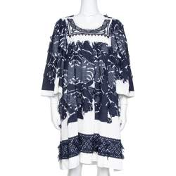 Pre Owned Chloe Navy & White Fringed Jacquard Lace Trim Shift Dress L