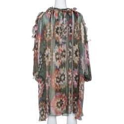 Pre Owned Chloe Green Rosace Patchwork Print Silk Crepon Ruffled Dress S