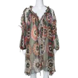 Pre Owned Chloe Green Rosace Patchwork Print Silk Crepon Ruffled Dress S