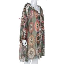 Pre Owned Chloe Green Rosace Patchwork Print Silk Crepon Ruffled Dress S