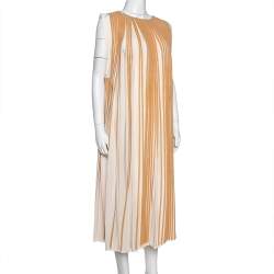 Pre Owned  Chloé Cream Striped & Pleated Silk Sleeveless Flared Dress S