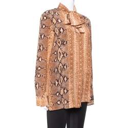 Pre Owned بلوزة كلوي رباط رقبة حرير مطبوع نقشة رقعات الثعبان بني مقاس وسط (ميديوم)
