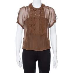 Pre Owned توب كلوي حرير شفاف بني مكشكشة مقاس متوسط - ميديوم