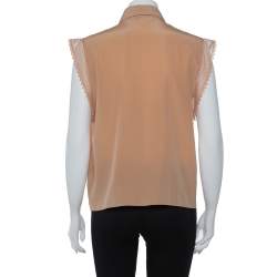 Pre Owned Chloe Brown Silk Lace Trim Button Front Blouse M