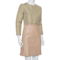 Pre Owned Chloe Beige Linen & Leather Long Sleeve Dress S